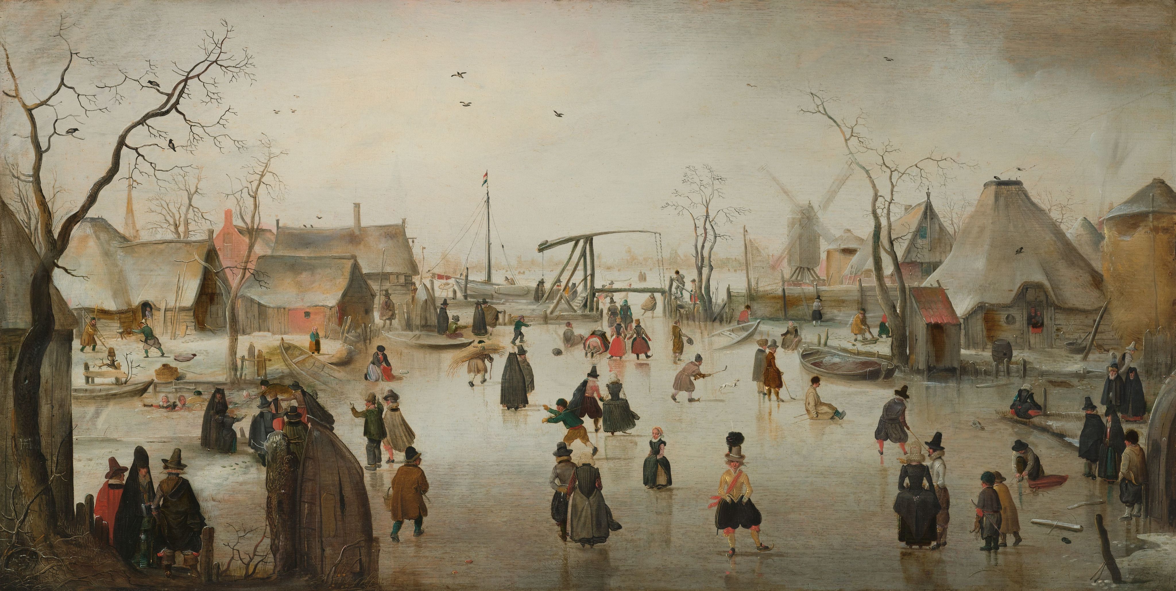 Painting of Ice skating in a village, by the deaf painter Hendrick Avercamp, ca. 1610
