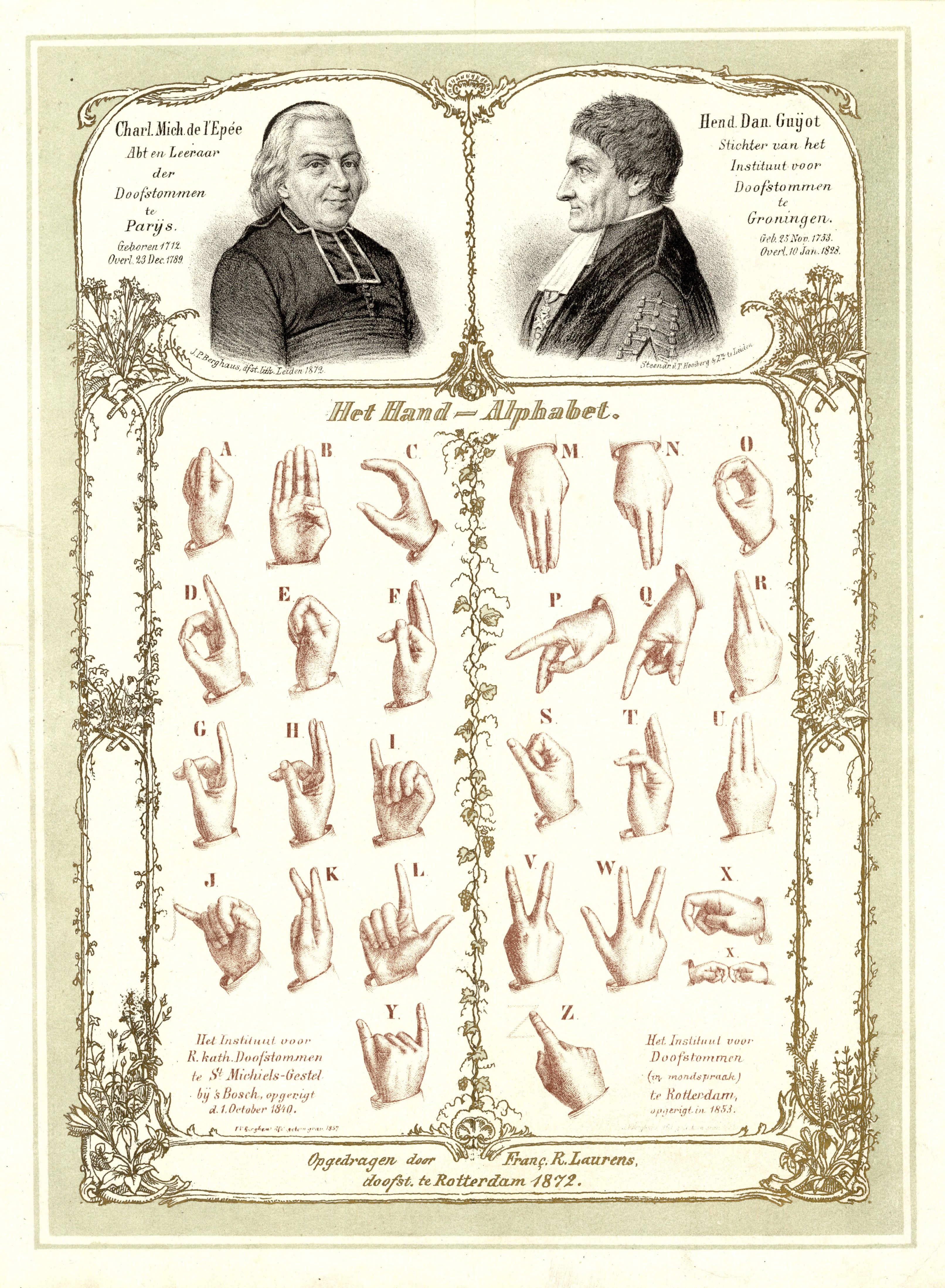 Illustrated print of the hand alphabet of L'Epee and Guyot.